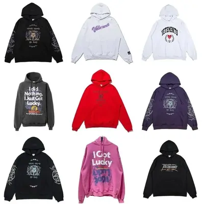 Nine printed hoodies in black, white, red, purple and pink arranged in a grid