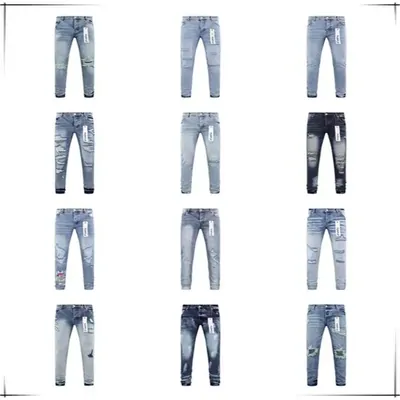 Pairs of jeans in light and dark washes laid out in rows on white