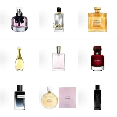 Nine fragrance bottles in different shapes and colours arranged in three rows on white