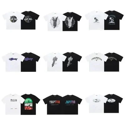 Nine printed t-shirts in white and black arranged in three rows on white