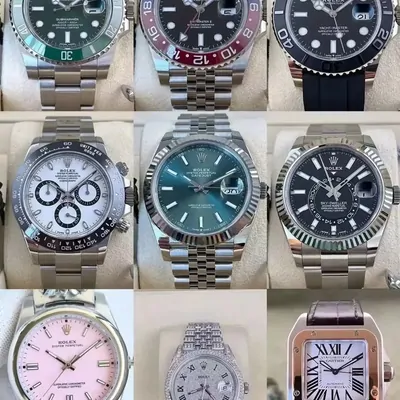 Nine wristwatches with steel bracelets and different dial colours arranged in a three by three grid