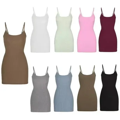 Sleeveless slip dresses in many colours arranged in two rows on white