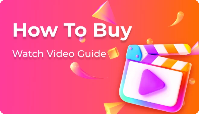 An official LoongBuy banner reading How To Buy, Watch Video Guide, with a 3D clapperboard and a play button on a pink to orange gradient