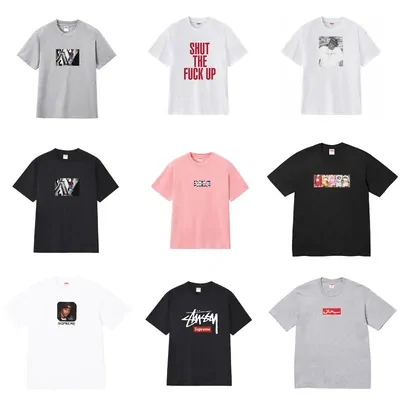 Nine printed t-shirts in white, pink, black and grey arranged in three rows