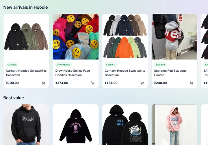 A catalogue category page headed New arrivals in Hoodie: a row of product cards, each with a photo, a green brand tag such as Carhartt or Supreme, a short title and a price in yuan, with a Best value row starting below