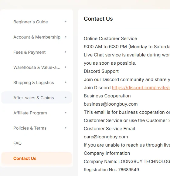 The left-hand menu of the LoongBuy help centre with ten sections from Beginner's Guide to Contact Us, beside the start of the Contact Us page with the live chat hours