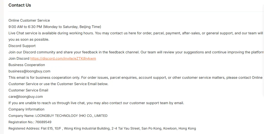 The LoongBuy Contact Us page: online customer service 9:00 AM to 6:30 PM Monday to Saturday Beijing time, a Discord invitation link, business and customer service email addresses, and the company name, registration number and Kowloon address