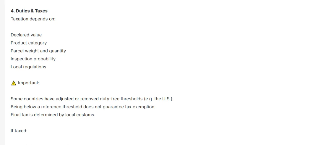 LoongBuy help states that duty depends on declared value, product category, parcel details and local regulations