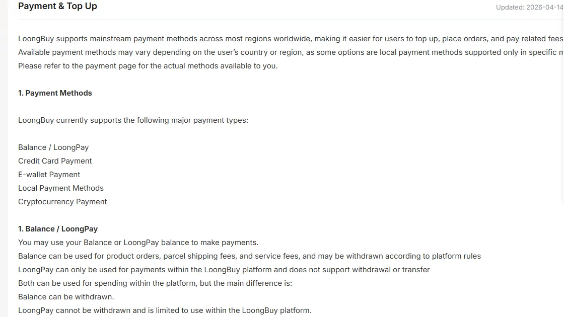 The top of the LoongBuy Payment and Top Up page, updated 14 April 2026: five payment types listed as Balance or LoongPay, credit card, e-wallet, local methods and cryptocurrency, then the Balance and LoongPay difference