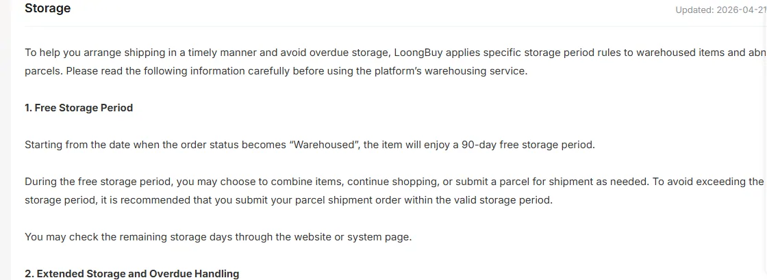 The top of the LoongBuy Storage page, updated 21 April 2026, with section 1, Free Storage Period, giving 90 days from Warehoused and the start of section 2 on extended storage