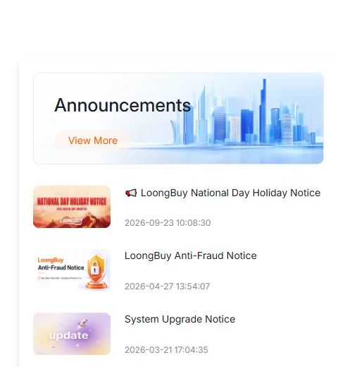 The Announcements column of the LoongBuy home page: National Day Holiday Notice dated 23 September 2026, Anti-Fraud Notice dated 27 April 2026 and System Upgrade Notice dated 21 March 2026