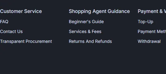Two columns of links from the LoongBuy footer: Customer Service with FAQ, Contact Us and Transparent Procurement, and Shopping Agent Guidance with Beginner's Guide, Services and Fees, and Returns and Refunds