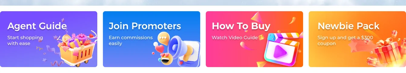 Four official LoongBuy banners in a row: Agent Guide, Join Promoters with Earn commissions easily, How To Buy with Watch Video Guide, and Newbie Pack with Sign up and get a $300 coupon