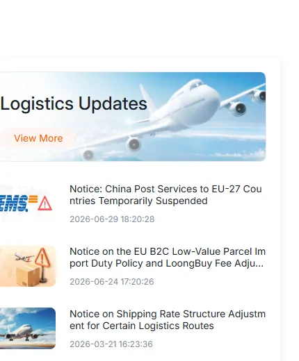 The Logistics Updates column of the LoongBuy home page listing three notices with dates: China Post services to EU-27 suspended, the EU low-value parcel duty policy, and a shipping rate structure adjustment