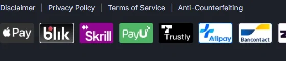 The left half of the LoongBuy footer bar: links to Disclaimer, Privacy Policy, Terms of Service and Anti-Counterfeiting, then payment marks for Apple Pay, blik, Skrill, PayU, Trustly and Alipay