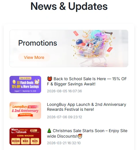 The Promotions column of the LoongBuy home page: Back to School Sale 15 percent off dated 5 August 2026, App Launch and 2nd Anniversary Rewards Festival dated 6 July 2026, and Christmas Sale dated 21 March 2026