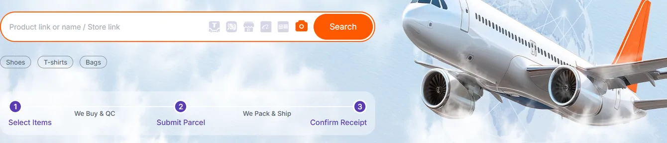 The LoongBuy search bar with placeholder text reading Product link or name or Store link, five marketplace marks, a Search button, three category chips and a three-step strip reading Select Items, Submit Parcel, Confirm Receipt